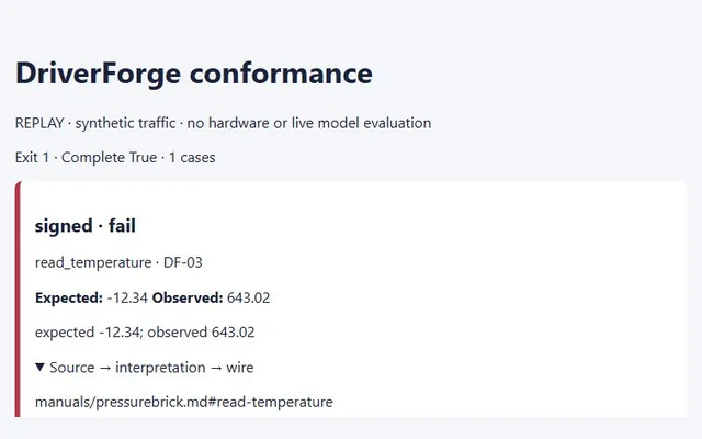 Synthetic driver report comparing expected and decoded temperatures