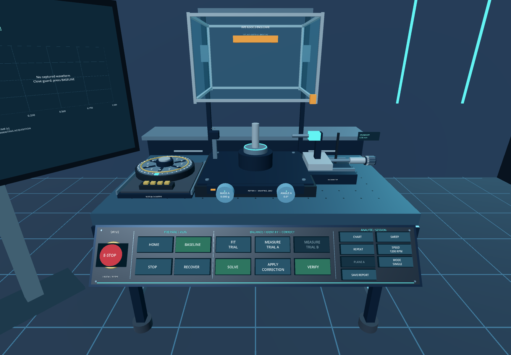 Virtual rotor-balancing bench with a raised guard, rotor cassette, probe micrometer, adjustment knobs, side monitor, and operating console.